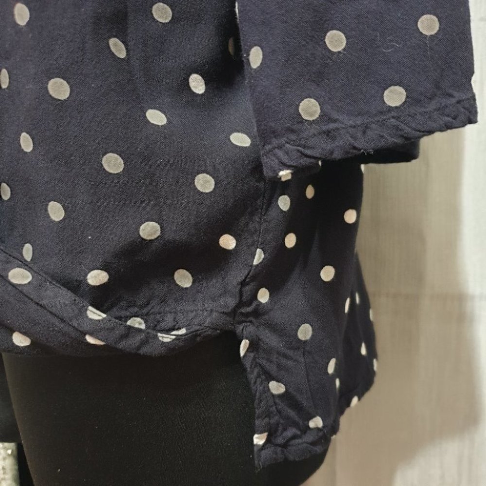SEED HERITAGE AU-10 Dark Navy Blue/White Long Sleeve Top Polka Dot Ruffled Front - Picture 9 of 12